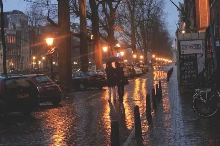 Cobblestone street in the rain with glowing streetlights during autumn